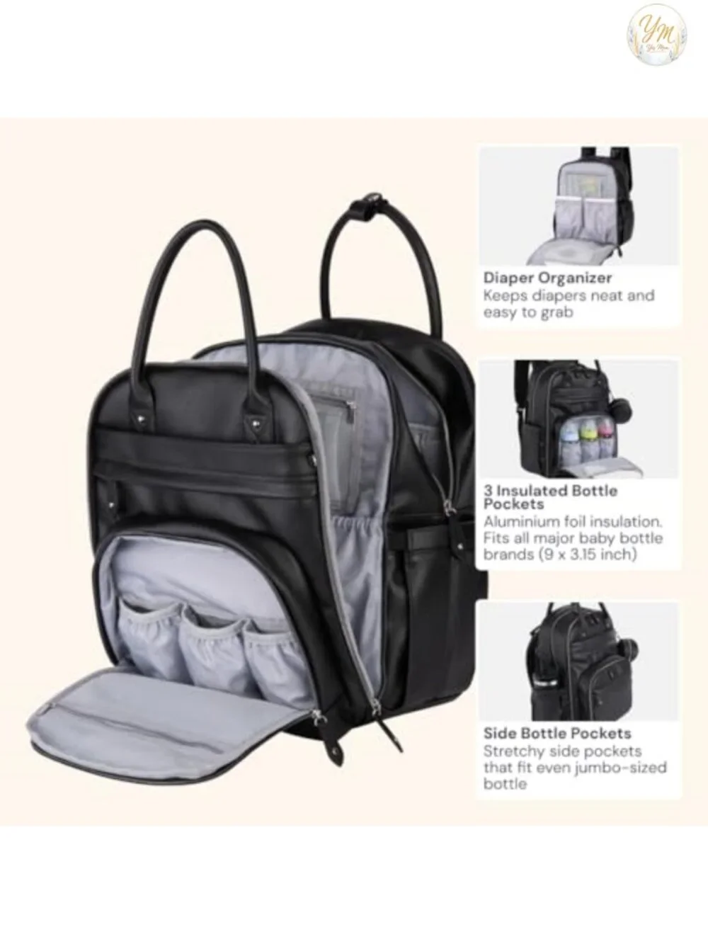 Vegan Leather Diaper Backpack with Changing Pad & Stroller Straps